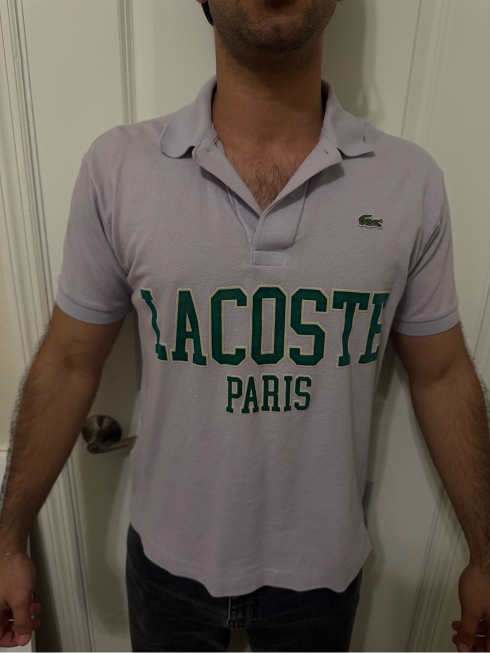 Lacoste Men’s Light Lavender Polo with Green Logo and Lettering